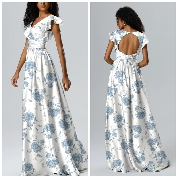 Aw Bridal Dresses & Skirts - AW Bridal Dusty Blue Peonies Satin Charmeuse Dress | US 14 | NWOT